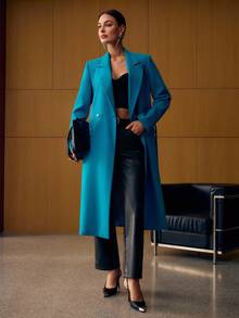 MOTF PREMIUM WOOL PEAK COLLAR BELTED OVERCOAT, FALL WINTER - Blue - View 7