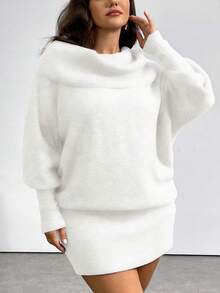 Firerie Plus Size Casual Versatile Y2K Style Off Shoulder Long Sleeve Sweater Dress, Comfortable For Commuting & Daily Wear, Retro Gray, Autumn/Winter - White - View 5