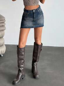 EURMUSE Low Rise Y2K Mini Denim Skirt, Fashionable And Suitable For Summer - Dark Wash - View 1