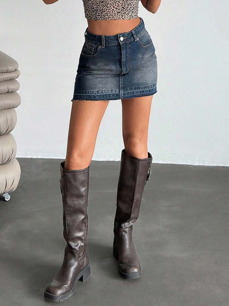 EURMUSE Low Rise Y2K Mini Denim Skirt, Fashionable And Suitable For Summer - Dark Wash - View 1
