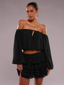 SHEIN BAE Women's Layered Ruffle Hem Versatile Mini/Skirt - Black - View 7