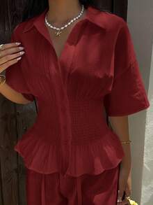 SHEIN EZwear 酒红色梭织女士宽松短袖衬衫，优雅女士衬衫 - 酒紅色 - 查看 3