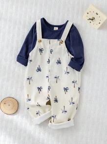 Cozy Pixies 2pcs Baby Boy Navy Blue Outfit,Cute Soft Knit Crew Neck Top And Coconut Tree Pattern Bib Shorts Overall Set For Autumn,Vacation,Holiday Fall Winter - Blue - View 7