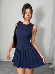 Aloruh Women's Fall Women Clothes Elegant Vintage Coin Embroidered Round Neck Pleated Sleeveless Sweater Mini Dress, Navy Blue - Navy Blue - View 7