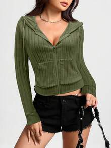 Flirla 女士纯色连帽条纹拉链抽绳短款运动衫 - 軍綠色 - 查看 6