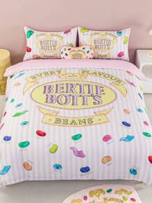 HARRY POTTER X SHEIN 3pcs Bedding Set, Jelly Bean Print Pattern, Pink Duvet Cover, Comfortable Soft Warm Washable, Suitable For Twin/Full/Queen/King Size Bed, Dorm/Home,Christmas