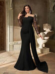 Aureia فستان أنيق بأكمام طويلة وياقة مستديرة، مزين بترتر على الصدر، من قماش شفاف ولمسات ترتر فاخرة، تصميم ذيل سمكة، مناسب للاحتفالات والحفلات والمناسبات الرسمية وعشاء الجالا