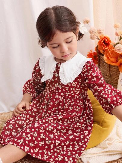 Blossori 女宝宝法式优雅拼色碎花长袖连衣裙