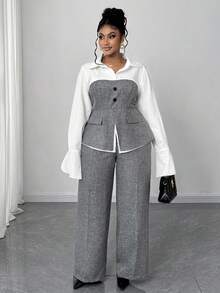 Maweii Plus Size Women 2 Pieces Set: Contrast Color Long Sleeve Shirt Collar Casual Top + Casual Pants Fall Cloth For Women