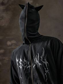 ROMWE MEN Anime 男士哥特式印花长袖休闲拉链连帽运动衫，秋季，万圣节 - 深灰色 - 查看 2