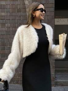 DAZY 女士时尚前开襟短款毛绒外套，秋冬季Y2K女式外套 - 棕色 - 查看 13