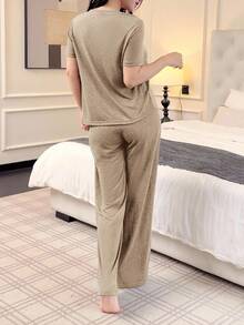 SHEIN Women's Solid Color Short Sleeve Casual Knit Comfortable Loungewear Set - Khaki - View 2