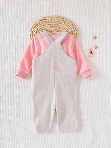 Baby Girls Loose Casual Round Neck Pink Sweatshirt Paired With Heart Pattern Suspender Velvet Pants Set, Autumn/Winter - Pink - View 2