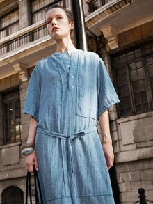 Lumivelle Women's Casual Everyday Simple Solid Color Half-Button Front Tie Waist Loose Dress, Summer All White Summer Dress Clothes For University - Blue - View 7