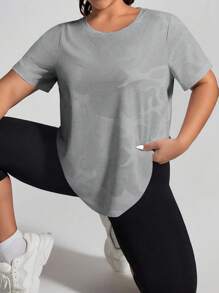 SHEIN Rhythm Era 大码女式休闲圆领短袖运动T恤大码健身上衣女士大码运动服大码健身服曲线健身服宽松健身上衣 - 淺灰色 - 查看 4