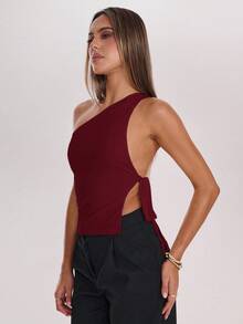 SHEIN BAE Women's Solid Color Asymmetric Shoulder Tie Strap Camisole,Red Top