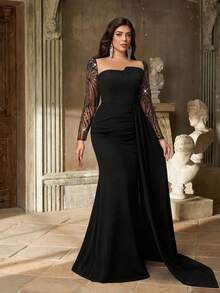 Aureia فستان أنيق بأكمام طويلة وياقة مستديرة، مزين بترتر على الصدر، من قماش شفاف ولمسات ترتر فاخرة، تصميم ذيل سمكة، مناسب للاحتفالات والحفلات والمناسبات الرسمية وعشاء الجالا