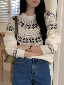 DAZY Suéter de punto jacquard de cuello redondo, estilo suelto y retro, suave para otoño, invierno, Navidad y Año Nuevo - Beis - Ver 5