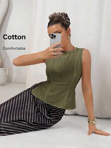 Lavishia 无袖棉麻白色竹节纽扣修身办公室复古衬衫 - 軍綠色 - 查看 7