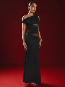 Hauture Women's Sexy One Shoulder Lace Side Twist Maxi Mermaid Dress – Trending Party, Sexy Night Out - Black - View 4