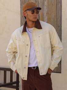 DAZY Men's Autumn Colorblock Button Front Pocket Long Sleeve Denim Jacket - Khaki - View 4