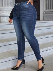 SHEIN Tall CURVE 大码休闲水洗高腰修身牛仔裤 - 藍色 - 查看 5