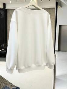 SHEIN EZwear Casual Minimalist Plus Size Women Plus Size V-Neck Loose Sweatshirt, Suitable For Autumn/Winter Back To School Season Outings Fall - White - View 3