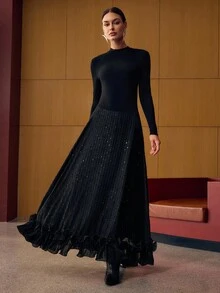 MOTF PREMIUM RUFFLE HEM A-LINE LONG SLEEVE DRESS - Black - View 4