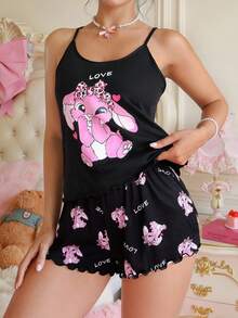 PetitDoll PetitDoll Cute Cartoon Print Camisole & Short Sleeve Casual Pajama Set For Women Tank Top Pajama Set Women Pajamas Shorts Set Cute Sleep Wear Women Tank Top Pj Set Bunny Pajamas