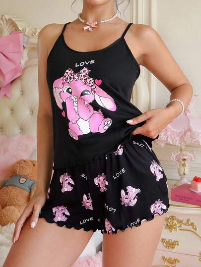  PetitDoll 可爱卡通印花吊带背心和短袖休闲睡衣套装女士背心睡衣套装女士睡衣短裤套装可爱睡衣女士背心睡衣套装兔子睡衣