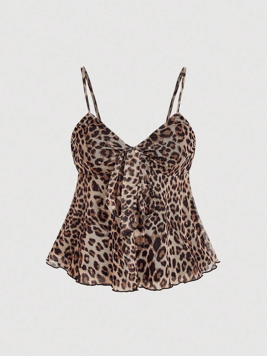 SHEIN MOD Women's Spaghetti Strap Leopard Print Ruffle Hem Tie Front Camisole, Leopard Top,Fall For Women,Halloween Costumes ,Party ,Going Out Tops,Country Concert ,Cheetah Print Top,Leopard Print Top