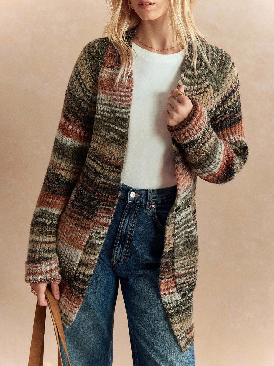 Écloséra Áo khoác cardigan dáng rộng cổ chữ V tay dài họa tiết màu tương phản kiểu Pháp cổ điển cài nút đơn, hai túi dành cho nữ, mùa xuân/thu - Nhiều màu - Xem 1