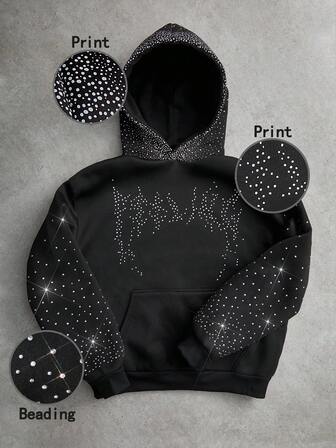 Manfinity Roghcode Manfinity Streetrush Men's Street-Style Popular INS Matching Rhinestone Glitter Lettering Graphic Hoodie, Suitable For Outdoor Music Festivals, Nightclubs, Bars, Boyfriend/Husband Gift, Anniversary Gift, Black Drop Shoulder, Emo Style, 2000s Style , Fall Winter, Long Sleeve Top