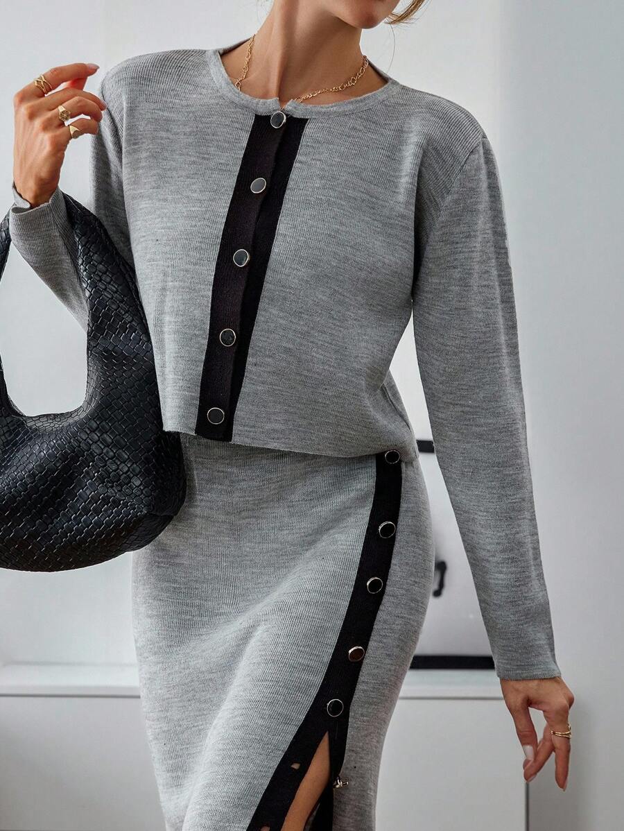 EURMUSE Ensemble deux pièces en tricot pour femmes avec patte de boutonnage contrastée et silhouette longue - Gris - Voir 1