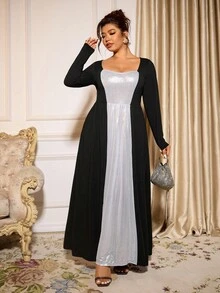 Allurite 大码女式优雅拼色鸡尾酒会连衣裙 - 黑色 - 查看 4
