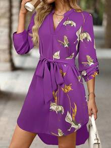 SHEIN Clasi Damklänning med V-ringning och kranmönster och volangärm, avslappnad passform - Blåröd - Visa 6