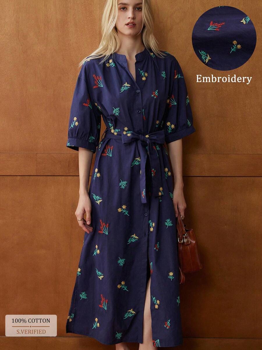 Écloséra French Elegant Retro Stand Collar Half Sleeve Embroidered Belt Autumn Fall Dress Long Women Dress Women Casual Dress Women Autumn Dress