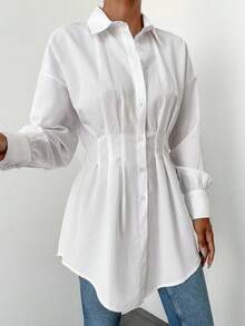 EURMUSE Plus Size Cotton Drop Shoulder Fold Pleated Curved Hem Shirt Oversized Button Up Women White Shirt Dress Long Sleeve White Dress Women Shirt Dress Long Shirt - White - View 3
