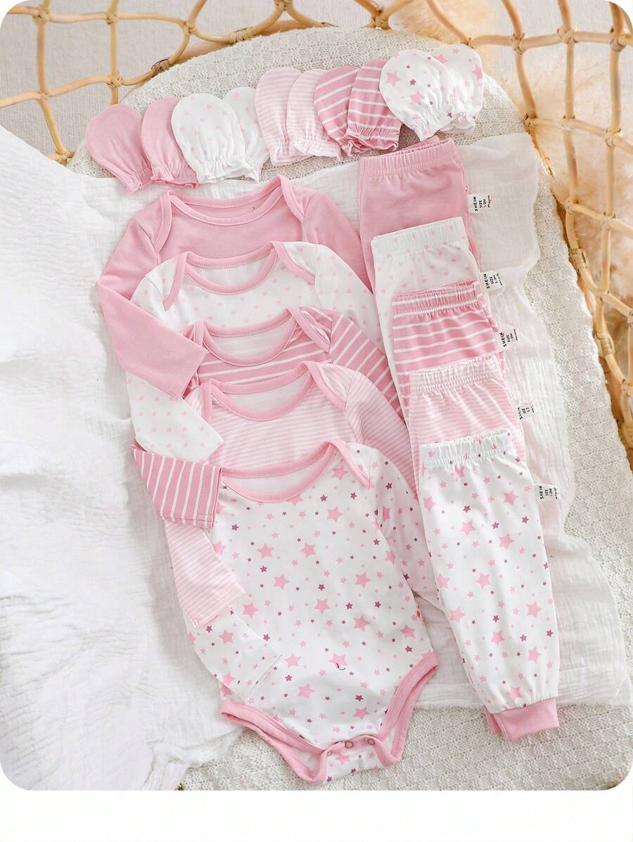 Conjunto de 15 piezas para recién nacida: body, pantalones y manoplas de punto a rayas con estampado de estrellas en color rosa palo, adecuado para primavera, verano y otoño, apto para uso diario, hogar y ocio - Rosa - Ver 1