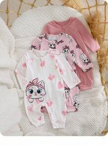 SHEIN 3pcs/Set Newborn Baby Girl Graphic Cute Cartoon Print Knitted Long Sleeve Jumpsuit, Autumn/Winter Graphic