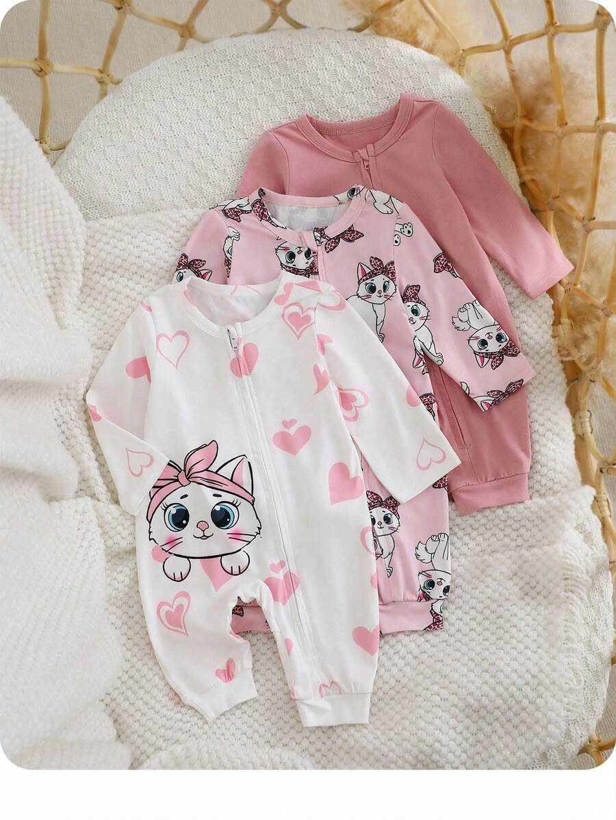 SHEIN 3pcs/Set Newborn Baby Girl Graphic Cute Cartoon Print Knitted Long Sleeve Jumpsuit, Autumn/Winter Graphic