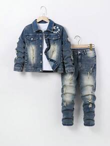 SHEIN Playful Pals 2 件套年轻男孩复古街头风格时尚个性化学院休闲洗水牛仔夹克和牛仔裤套装 - 銅色 - 查看 6