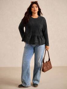 Elaquor Kaos Longgar Lengan Panjang Kasual Wanita Ukuran Besar dengan Hiasan Ruffle dan Patchwork, Musim Gugur - Hitam - View 1