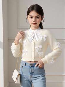 SHEIN Tween Girl Apricot Bow Knit Cardigan, Sweet & Versatile, Autumn/Winter - Multicolor - View 2