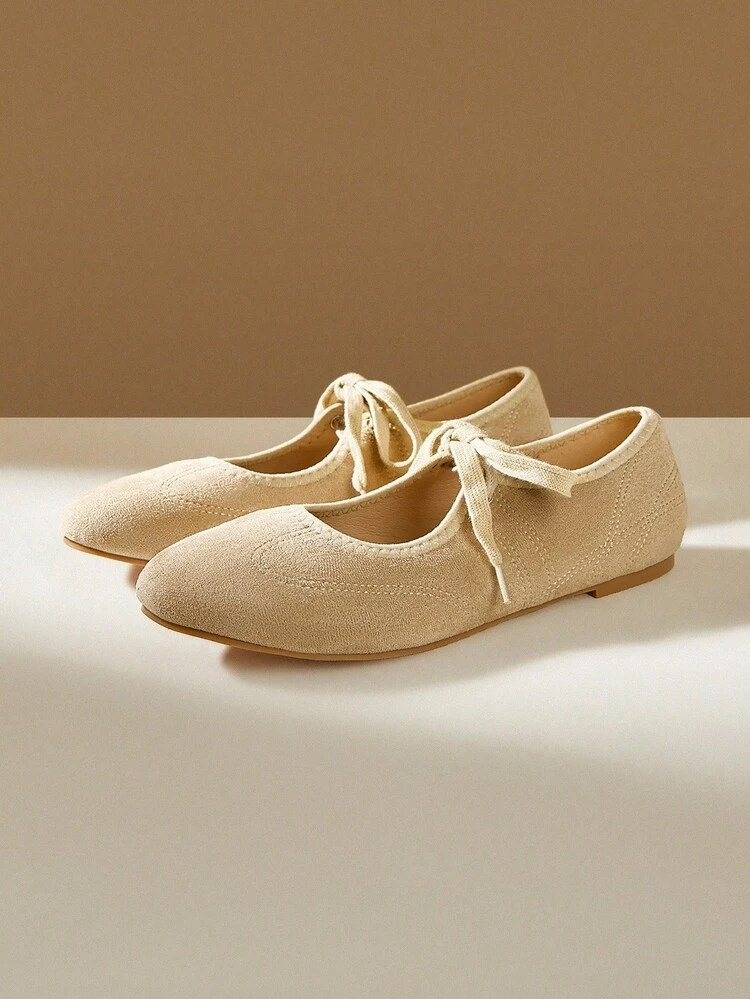 CUCCOO EASI Apricot Faux Suede Lace-Up Comfortable Ballet Flats
