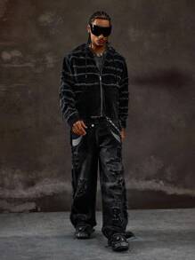 ROMWE MEN Grunge Punk Men's Loose Fit Distressed Pocket Wide Leg Jeans - Black - View 3