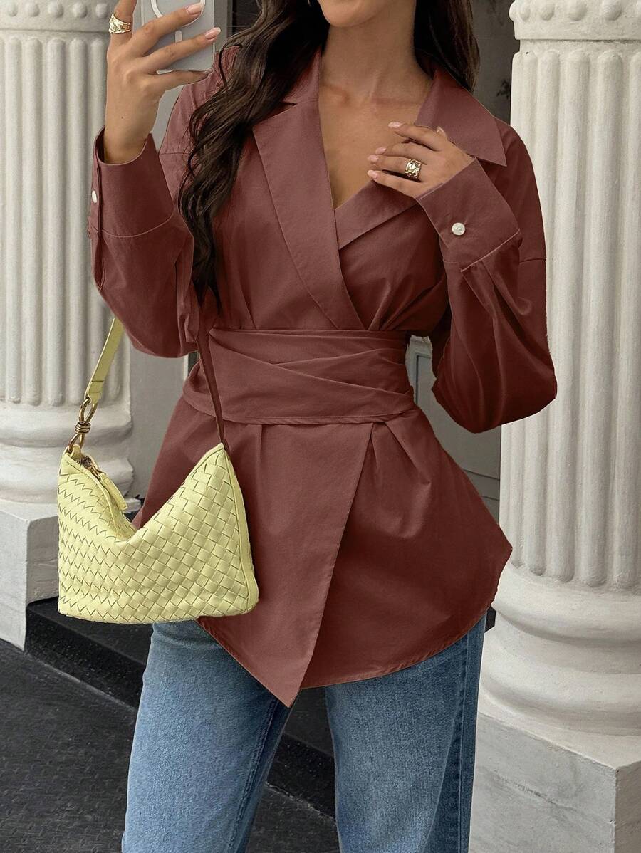 Avenya Áo sơ mi dài tay buộc chéo màu trơn dành cho nữ - Cà phê nâu - Xem 1