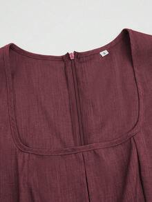 Fairmaia Plus Size Women's Square Neck Vintage Fashion Pleated Sleeveless Dress - Burgundy - View 7