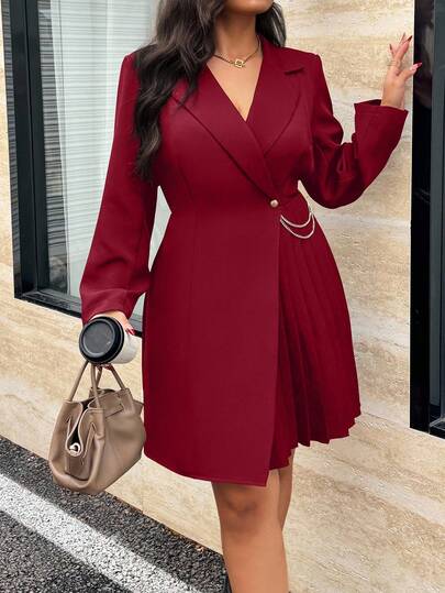 Calvaya Vestido casual plus size feminino, cor sólida, gola amassada, manga comprida, bainha plissada, para viagem