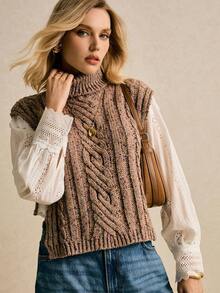 Poéselle Chaleco de punto de cuello alto con patrón de giro, casual, para mujer, otoño